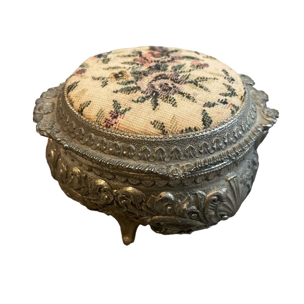 Footed Jewelry Box Tapestry Top JAPAN, Silver Round Trinket Box Floral‎ Repousse